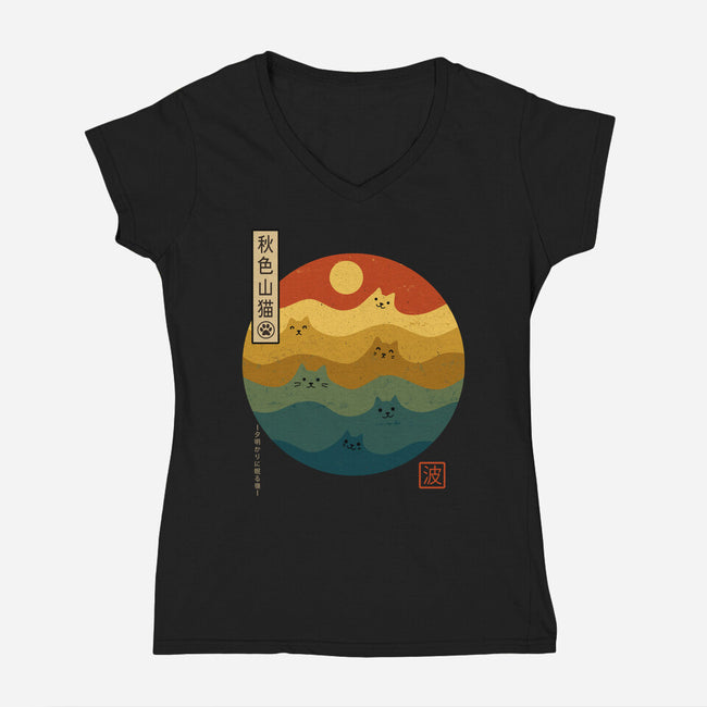 Retro Cat Waves-Womens-V-Neck-Tee-erion_designs