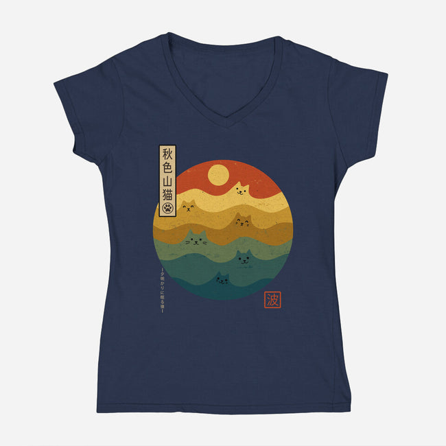 Retro Cat Waves-Womens-V-Neck-Tee-erion_designs