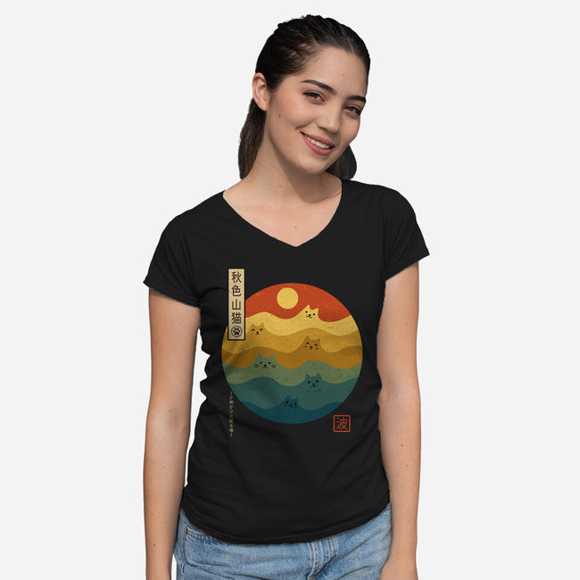 Retro Cat Waves-Womens-V-Neck-Tee-erion_designs
