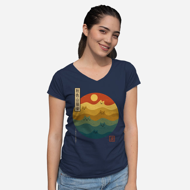 Retro Cat Waves-Womens-V-Neck-Tee-erion_designs