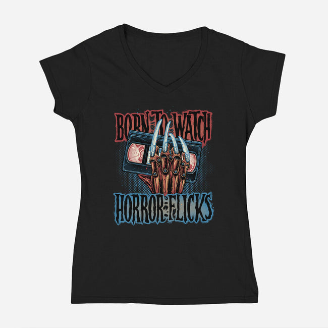 Born To Watch Horror Flicks-Womens-V-Neck-Tee-glitchygorilla