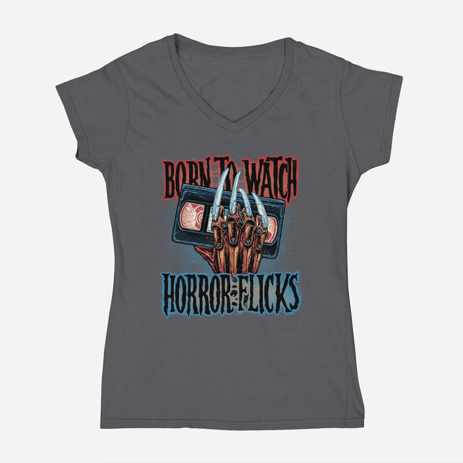 Born To Watch Horror Flicks-Womens-V-Neck-Tee-glitchygorilla