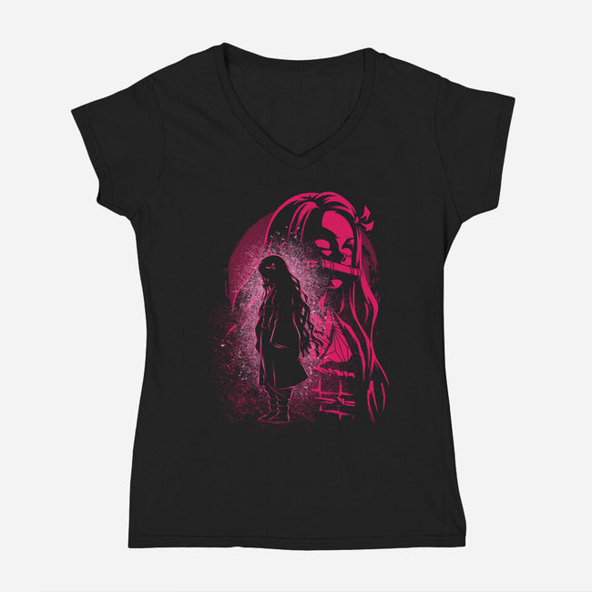 Nezuko Silhouette-Womens-V-Neck-Tee-Badbone Collections
