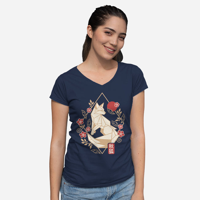Geometric Autumn Fox-Womens-V-Neck-Tee-NemiMakeit