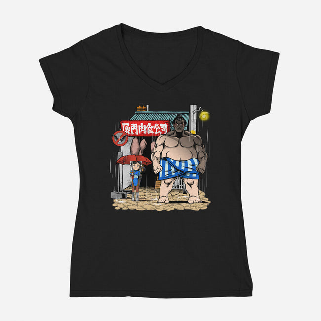 My Neighbor Sumo-Womens-V-Neck-Tee-joerawks