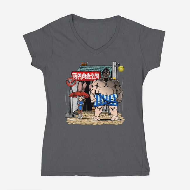 My Neighbor Sumo-Womens-V-Neck-Tee-joerawks