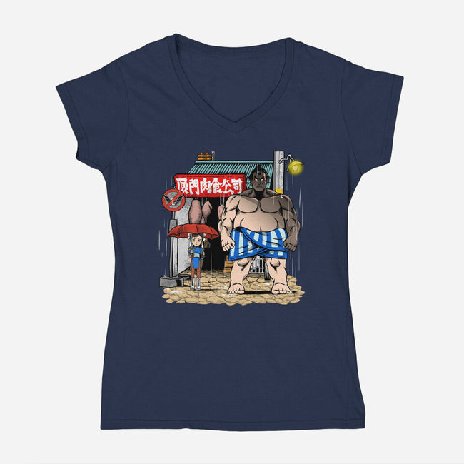 My Neighbor Sumo-Womens-V-Neck-Tee-joerawks