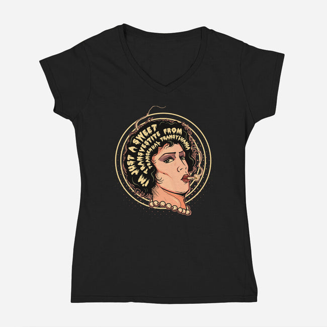 I'm Just A Sweet Transvestite-Womens-V-Neck-Tee-Green Devil