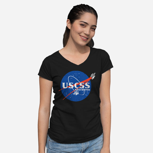 Space Nostromo-Womens-V-Neck-Tee-DrMonekers