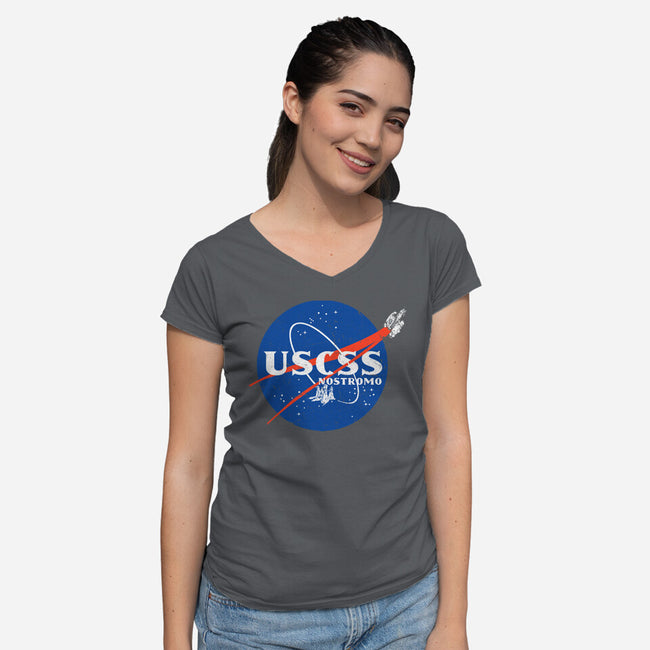 Space Nostromo-Womens-V-Neck-Tee-DrMonekers