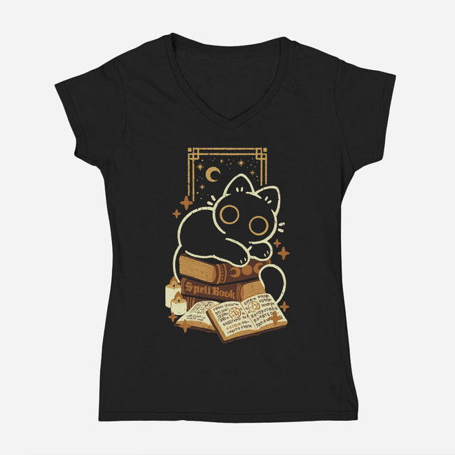 Cute Black Cat On Spellbooks-Womens-V-Neck-Tee-xMorfina