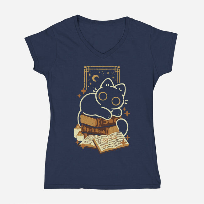 Cute Black Cat On Spellbooks-Womens-V-Neck-Tee-xMorfina