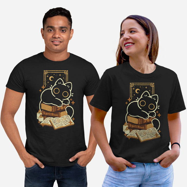 Cute Black Cat On Spellbooks-Unisex-Basic-Tee-xMorfina