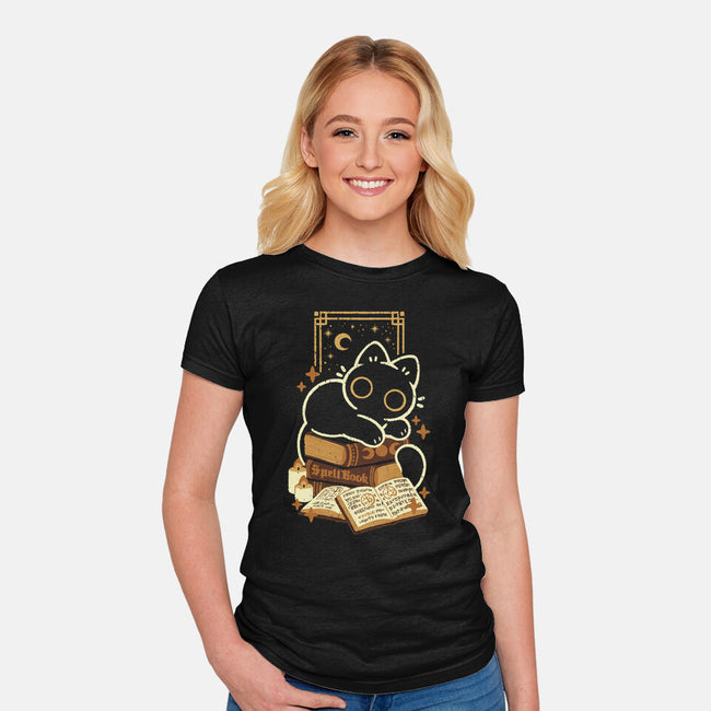 Cute Black Cat On Spellbooks-Womens-Fitted-Tee-xMorfina