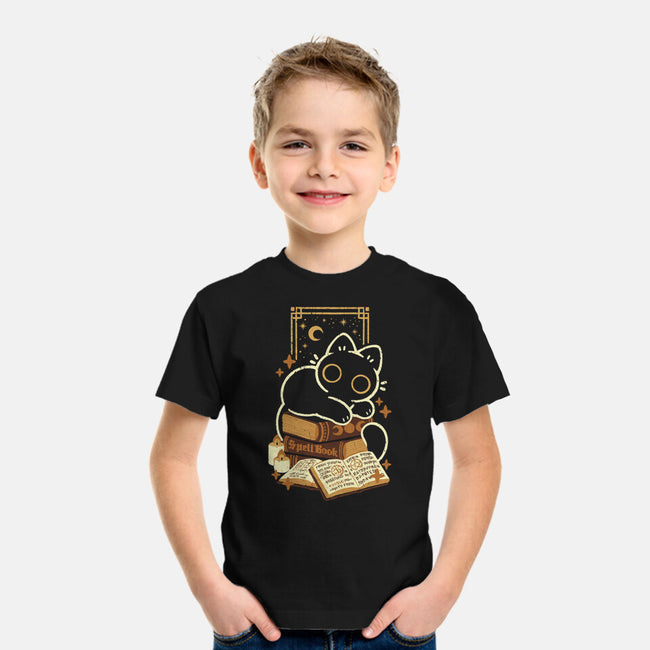 Cute Black Cat On Spellbooks-Youth-Basic-Tee-xMorfina