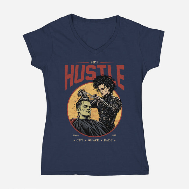 Scissorhands Barbershop-Womens-V-Neck-Tee-alfbocreative