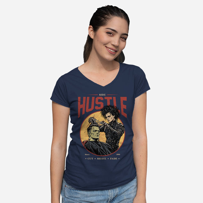 Scissorhands Barbershop-Womens-V-Neck-Tee-alfbocreative