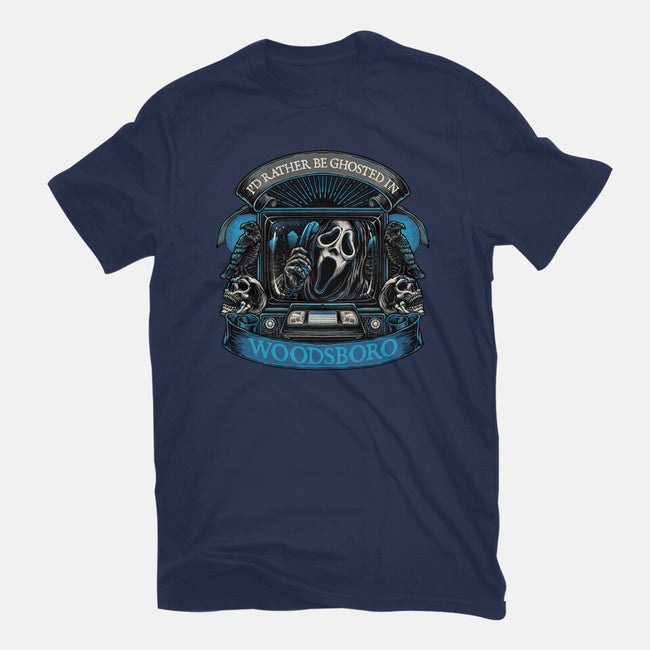 Ghosted In Woodsboro-Womens-Basic-Tee-glitchygorilla