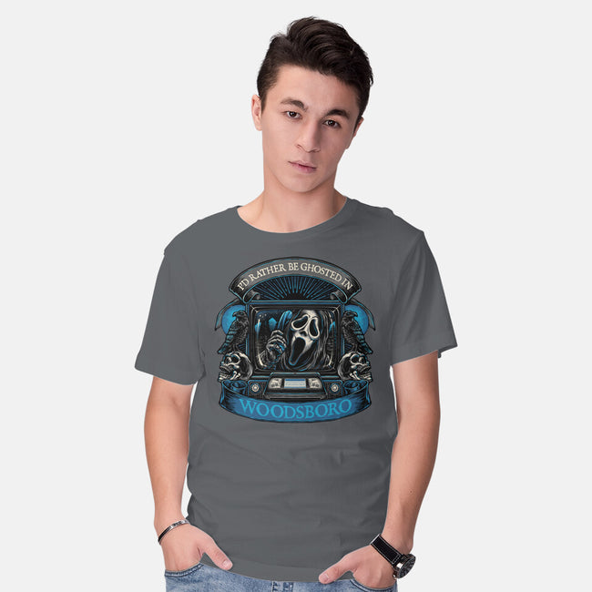 Ghosted In Woodsboro-Mens-Basic-Tee-glitchygorilla