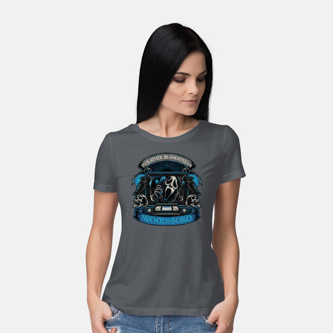 Ghosted In Woodsboro-Womens-Basic-Tee-glitchygorilla