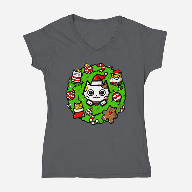 Catmas Holiday Wreath-Womens-V-Neck-Tee-bloomgrace28