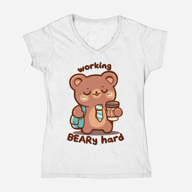 Working Beary Hard-Womens-V-Neck-Tee-TechraNova