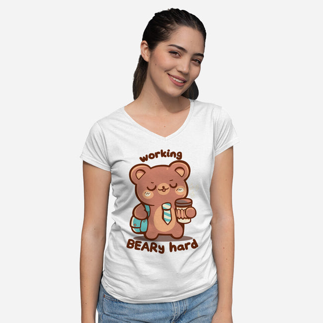 Working Beary Hard-Womens-V-Neck-Tee-TechraNova