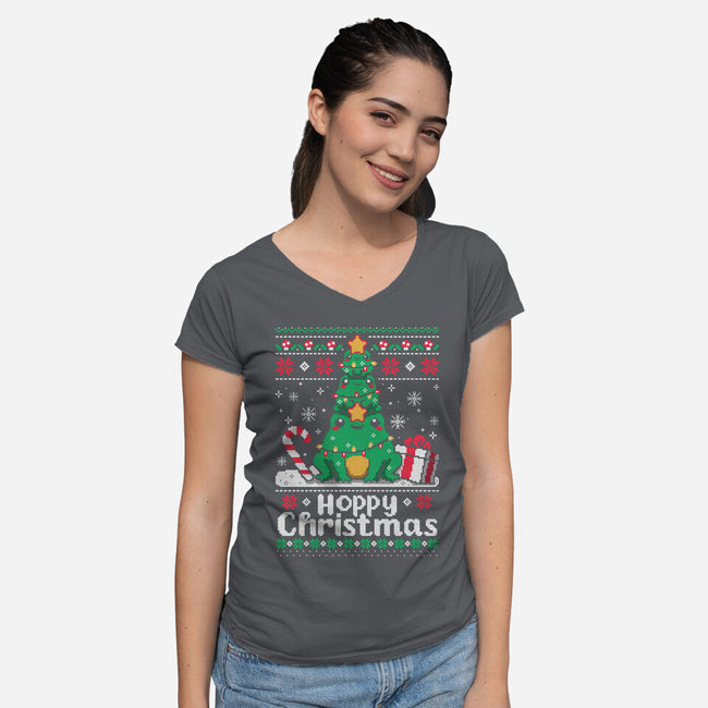Hoppy Christmas Tree Frog-Womens-V-Neck-Tee-NemiMakeit