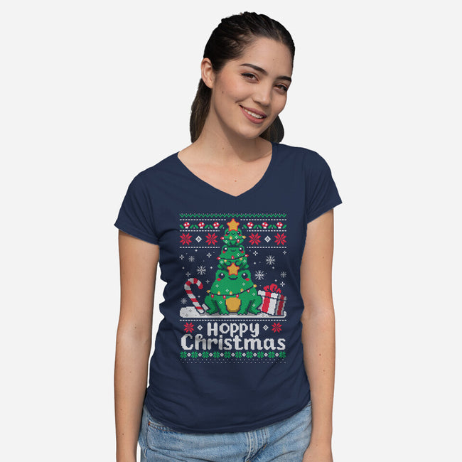 Hoppy Christmas Tree Frog-Womens-V-Neck-Tee-NemiMakeit