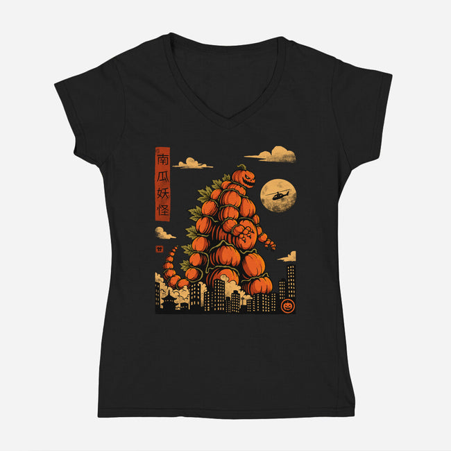 Pumpkin Kaiju-Womens-V-Neck-Tee-erion_designs