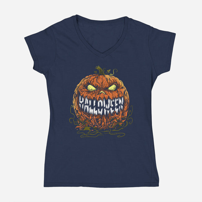 Scary Pumpkin-Womens-V-Neck-Tee-zascanauta