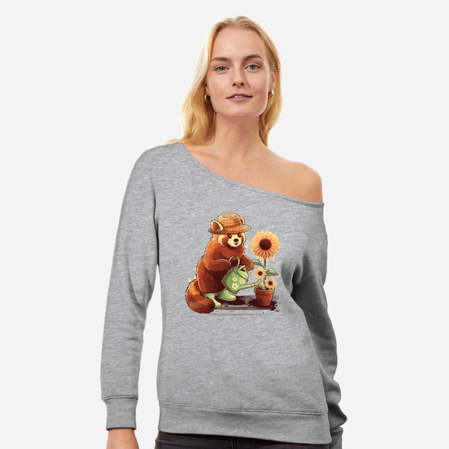 Red Panda Gardener-Womens-Off Shoulder-Sweatshirt-NemiMakeit