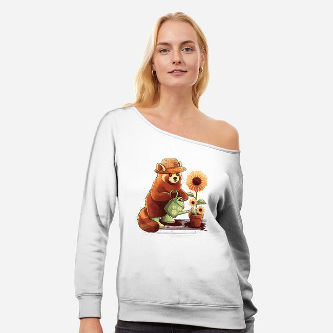 Red Panda Gardener-Womens-Off Shoulder-Sweatshirt-NemiMakeit