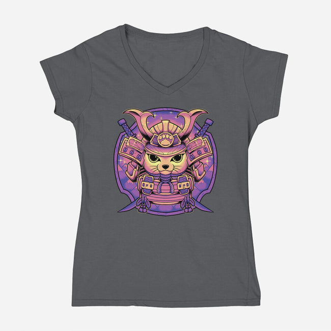 Samurai Neko-Womens-V-Neck-Tee-Astrobot Invention