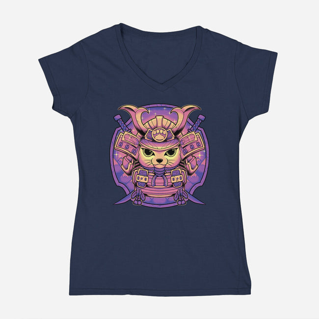 Samurai Neko-Womens-V-Neck-Tee-Astrobot Invention