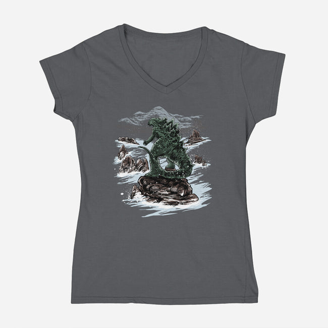 Kaiju Above The Sea Of Fog-Womens-V-Neck-Tee-zascanauta