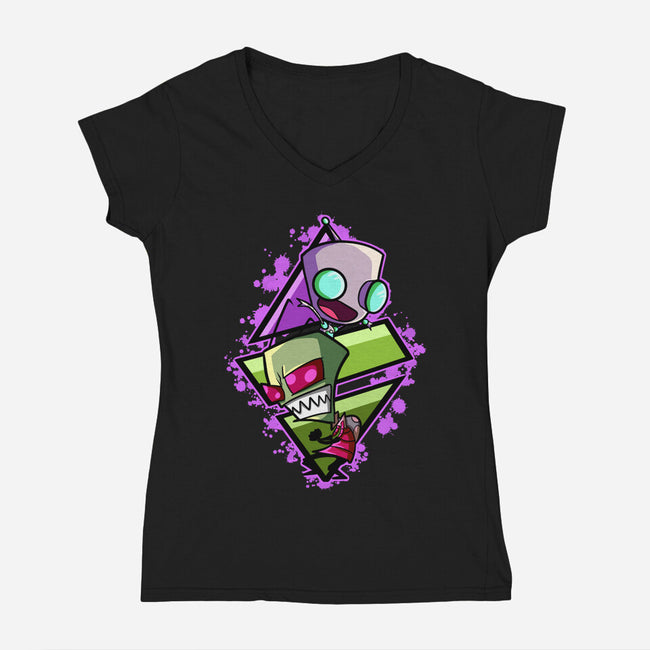 Invader And Robot-Womens-V-Neck-Tee-nickzzarto