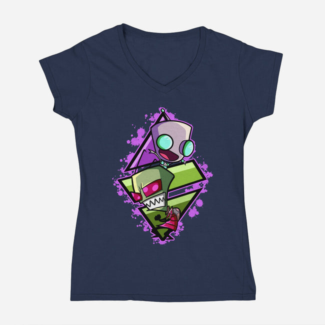 Invader And Robot-Womens-V-Neck-Tee-nickzzarto