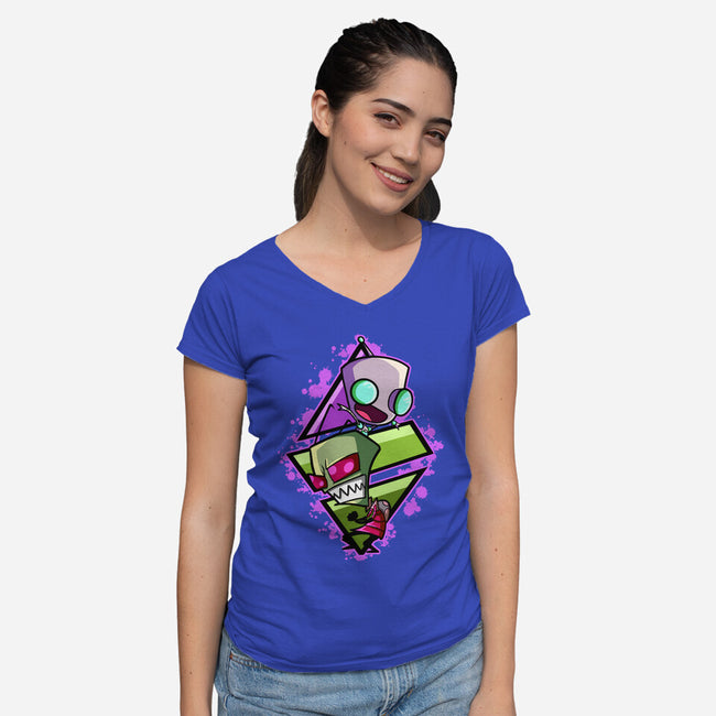 Invader And Robot-Womens-V-Neck-Tee-nickzzarto