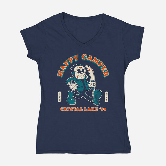 Crystal Lake Happy Camper-Womens-V-Neck-Tee-Nemons
