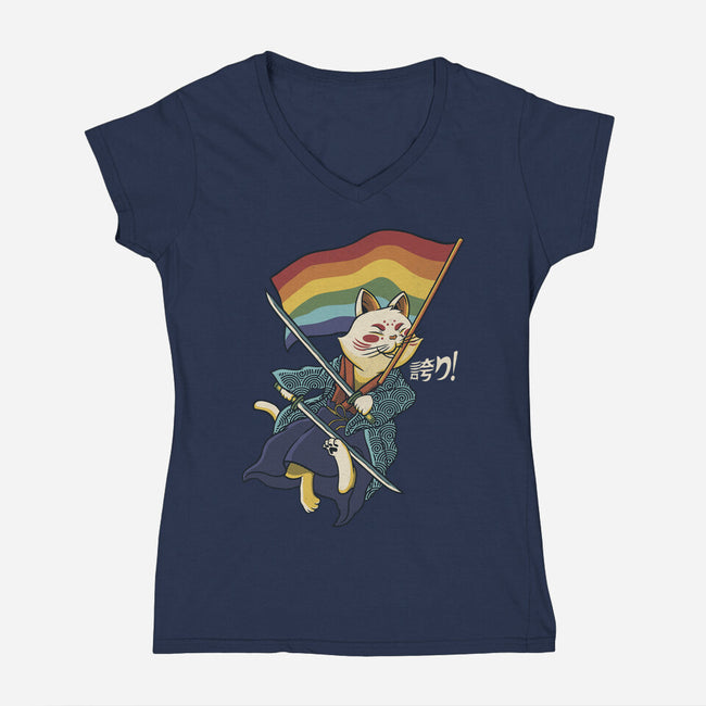 Katana Cat Rainbow Flag-Womens-V-Neck-Tee-tobefonseca
