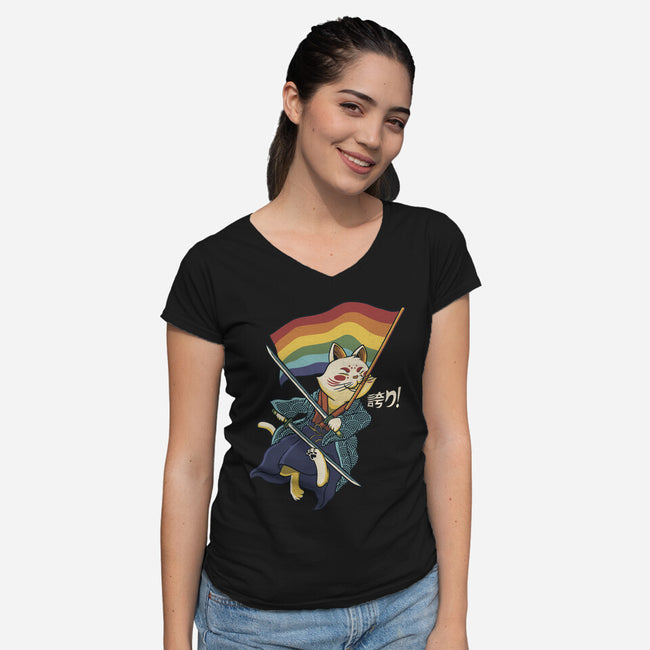 Katana Cat Rainbow Flag-Womens-V-Neck-Tee-tobefonseca