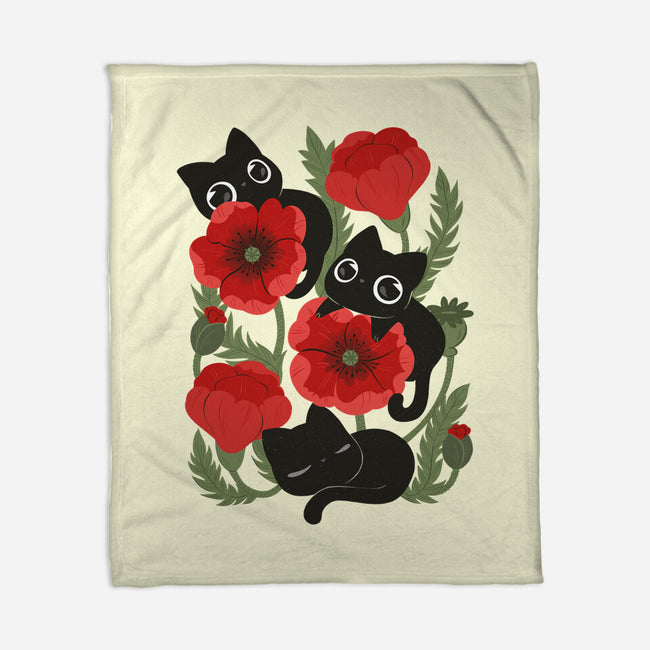 Poppies And Black Kitties-None-Fleece-Blanket-ricolaa