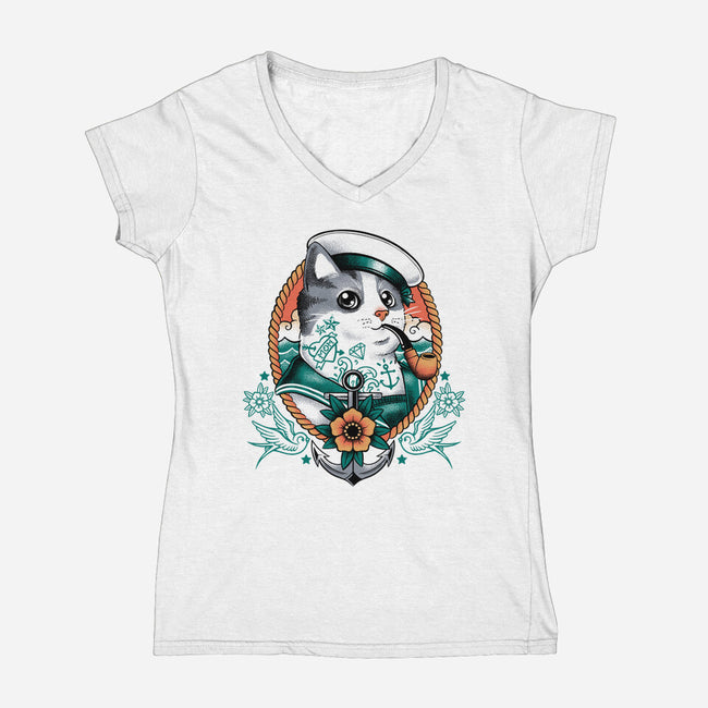 Sailor Cat Tattoo-Womens-V-Neck-Tee-NemiMakeit