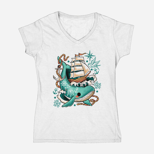Whale Ship Tattoo-Womens-V-Neck-Tee-NemiMakeit