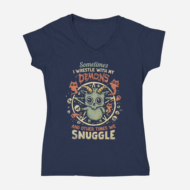 I Wrestle With My Demons-Womens-V-Neck-Tee-kg07