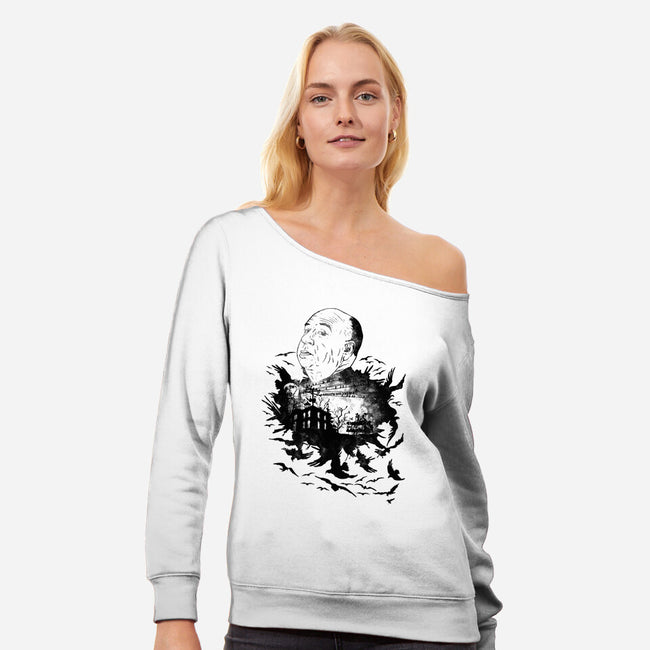 Master Of Suspense-Womens-Off Shoulder-Sweatshirt-dalethesk8er