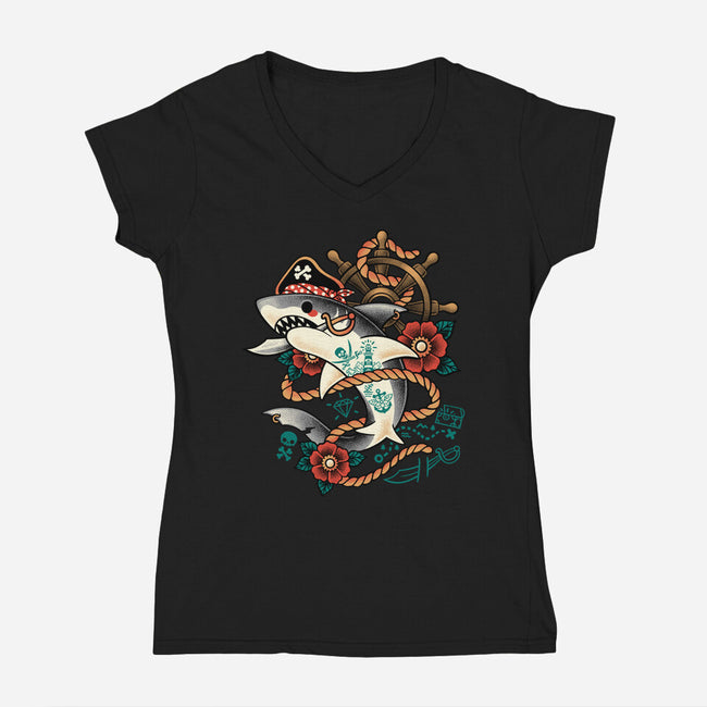 Pirate Shark Tattoo-Womens-V-Neck-Tee-NemiMakeit