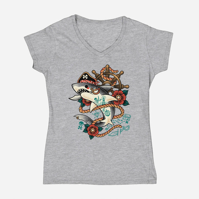 Pirate Shark Tattoo-Womens-V-Neck-Tee-NemiMakeit