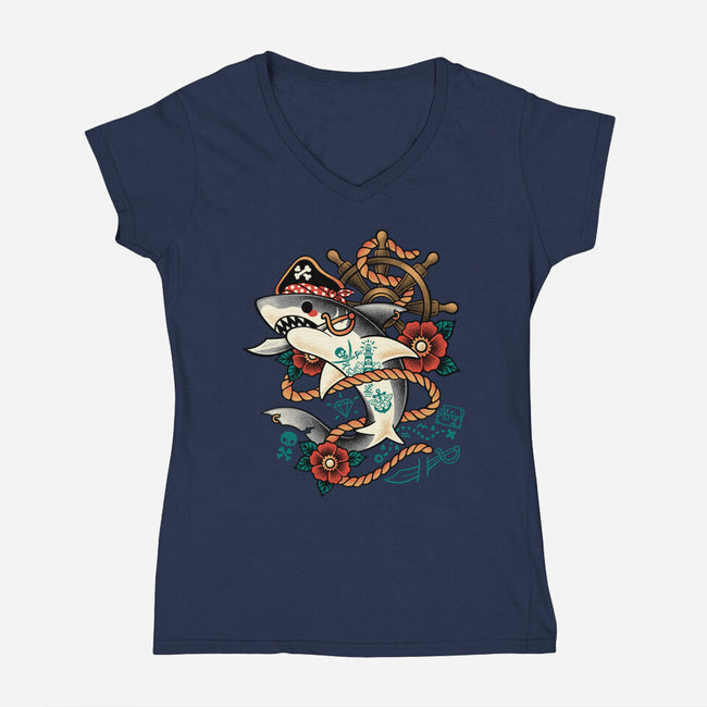 Pirate Shark Tattoo-Womens-V-Neck-Tee-NemiMakeit